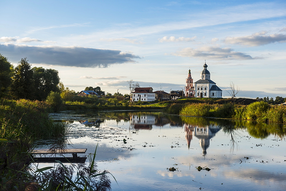 Abandonded church reflecting in the Kamenka River, UNESCO World Heritage Site, Suzdal, Golden Ring, Russia, Europe 