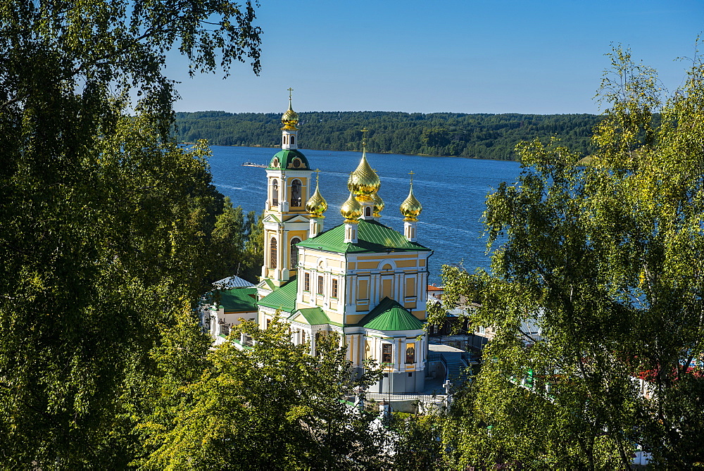 View over an Orthodox church and the Volga River, Plyos, Golden Ring, Russia, Europe 