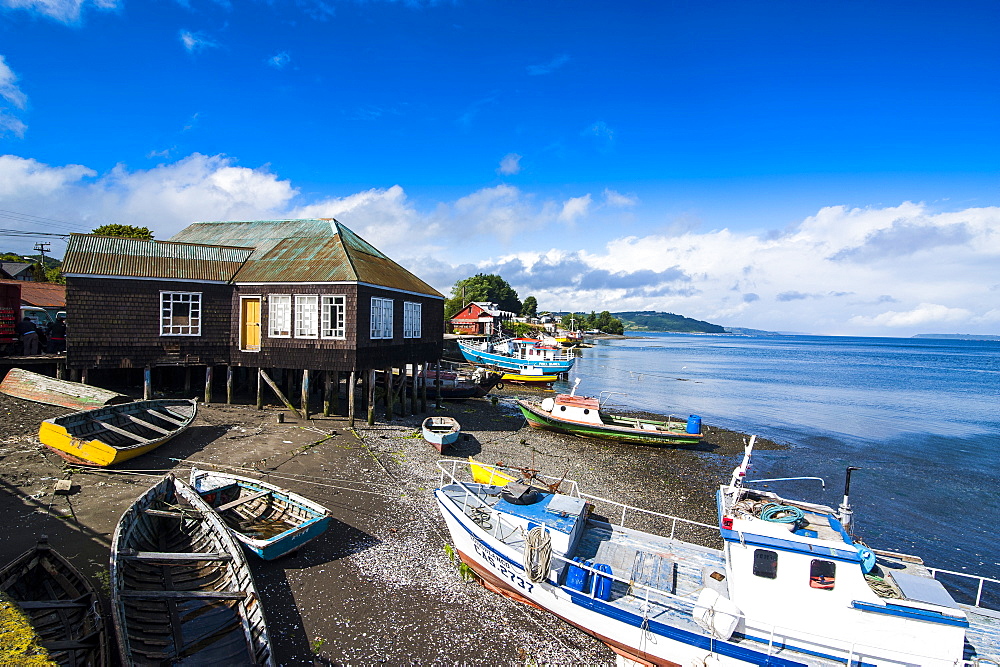 Fishing boats in the harbour of Dalcahue, Chiloe, Chile, South America