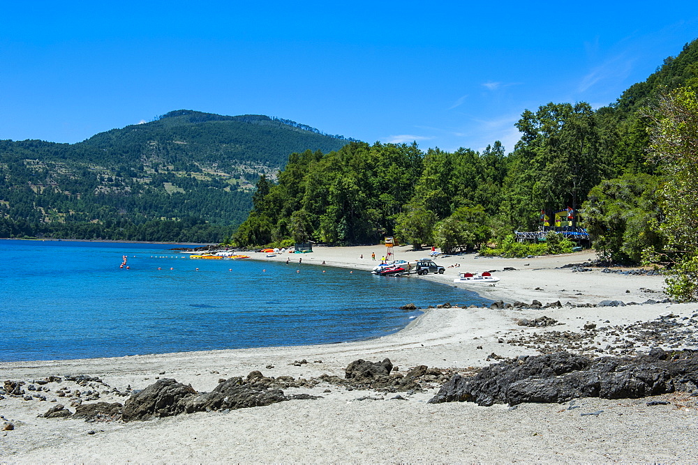 White sand beach, Lago Caburga near Pucon, southern Chile, South America 