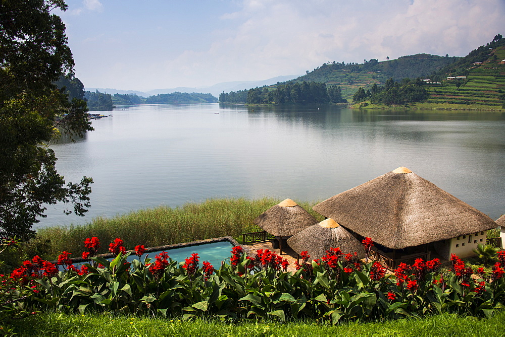 Pavilion and flowers at a viewpoint overlooking Lake Bunyonyi, Uganda, East Africa, Africa