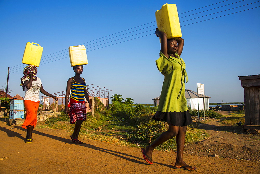 Women carrying water canisters on their head bringing water home from Lake Albert, Uganda, East Africa, Africa