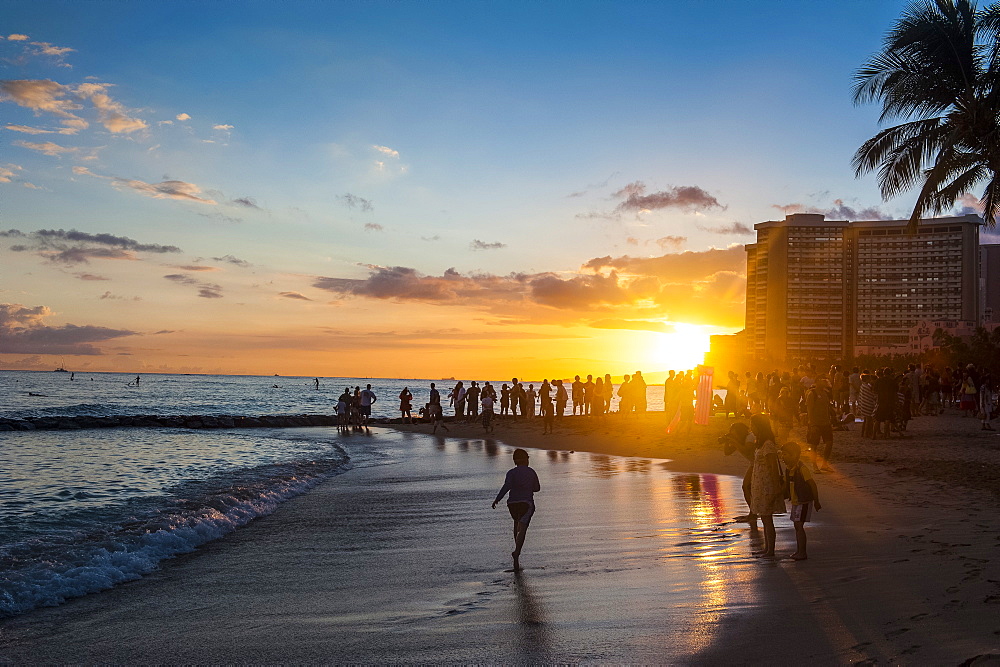 Sunset over the high rise buildings on Waikiki Beach, Oahu, Hawaii, United States of America, Pacific 