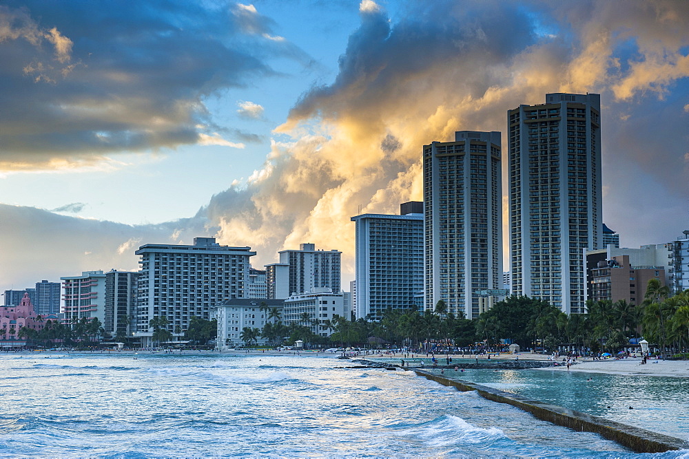 Late afternoon light over the high rise hotels of Waikiki Beach, Oahu, Hawaii, United States of America, Pacific 