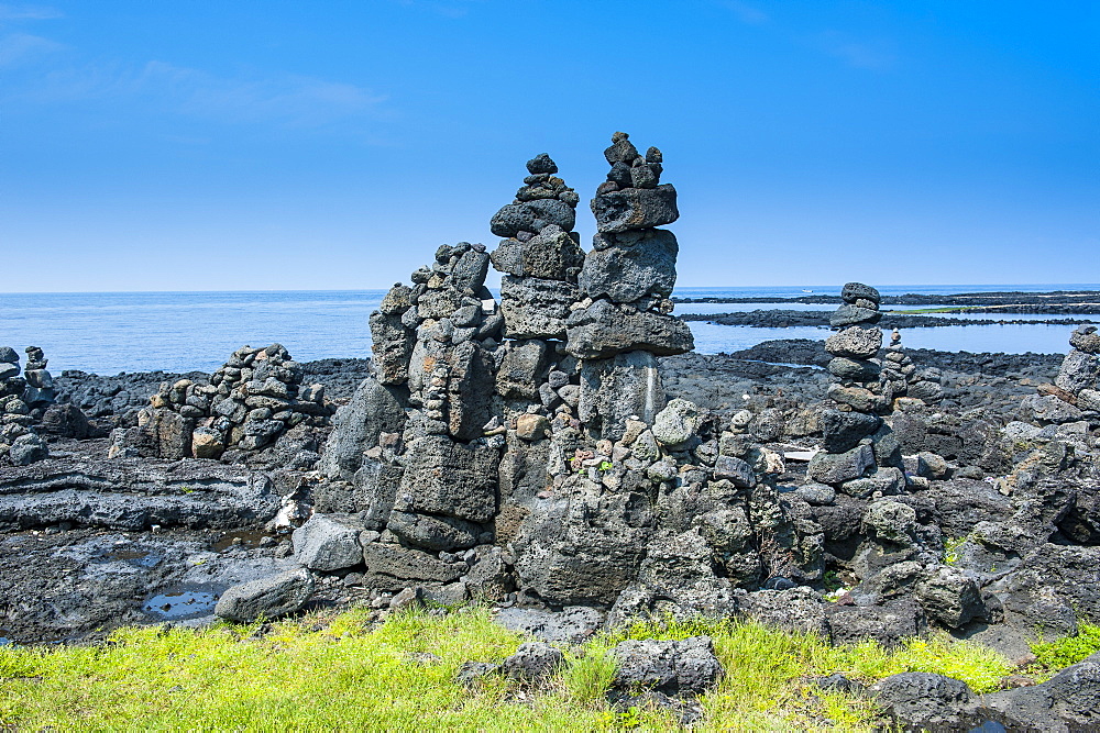 Stone walls made by tourists on the island of Jejudo, UNESCO World Heritage Site, South Korea, Asia