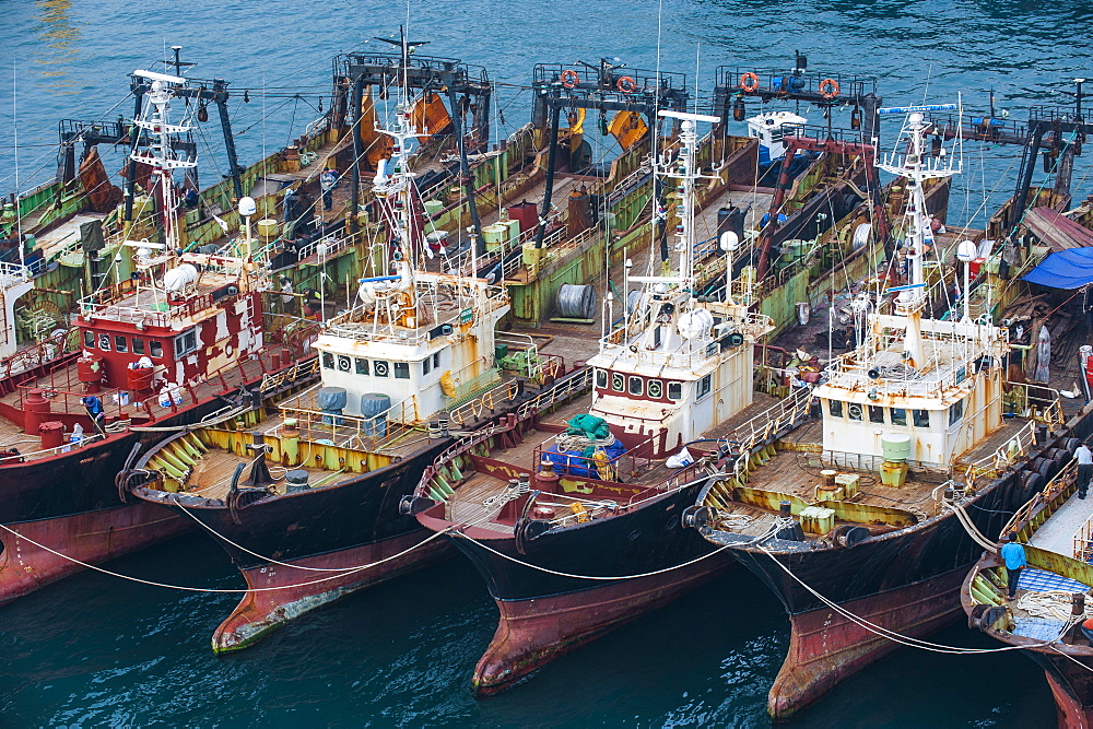 View over the harbour and fishing fleet of Busan, South Korea, Asia