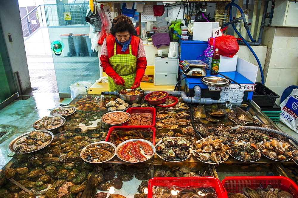 Fish for sale at the modern fish market in Busan, South Korea, Asia