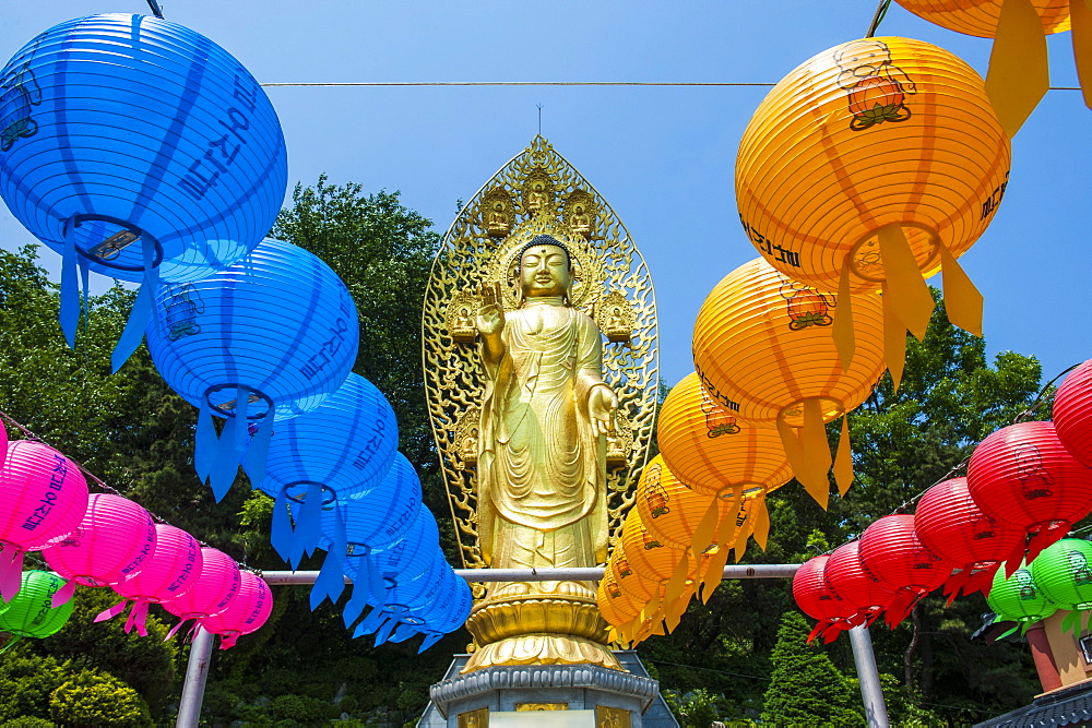 Colourful paper lanterns in front of a golden Buddha in the  fortress of Suwon, UNESCO World Heritage Site, Suwon, South Korea, Asia