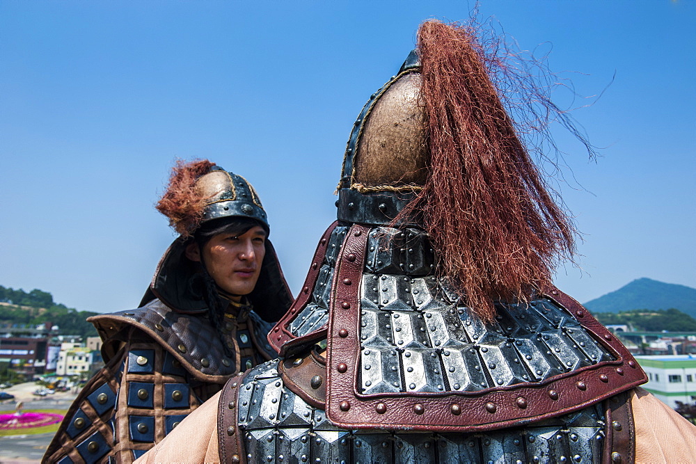 Traditional helmet of a guard at the changing of the guard ceremony, Gongsanseong, Gongju Castle, South Chungcheong Province, South Korea, Asia