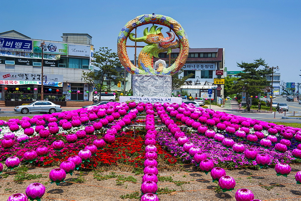 Colourful lanterns around the King Seong statue, Buyeo, South Korea, Asia