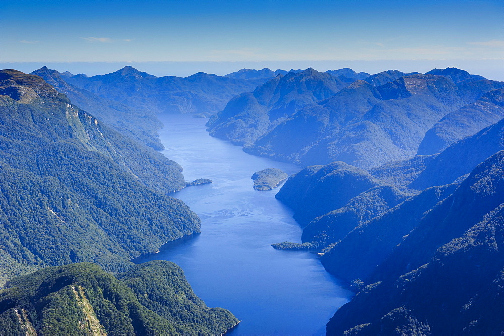 Aerial of a huge fjord in Fiordland National Park, UNESCO World Heritage Site, South Island, New Zealand, Pacific