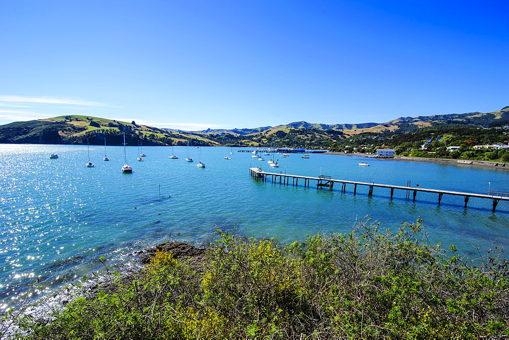 Little boats in the Akaroa harbour, Banks Peninsula, Canterbury, South Island, New Zealand, Pacific