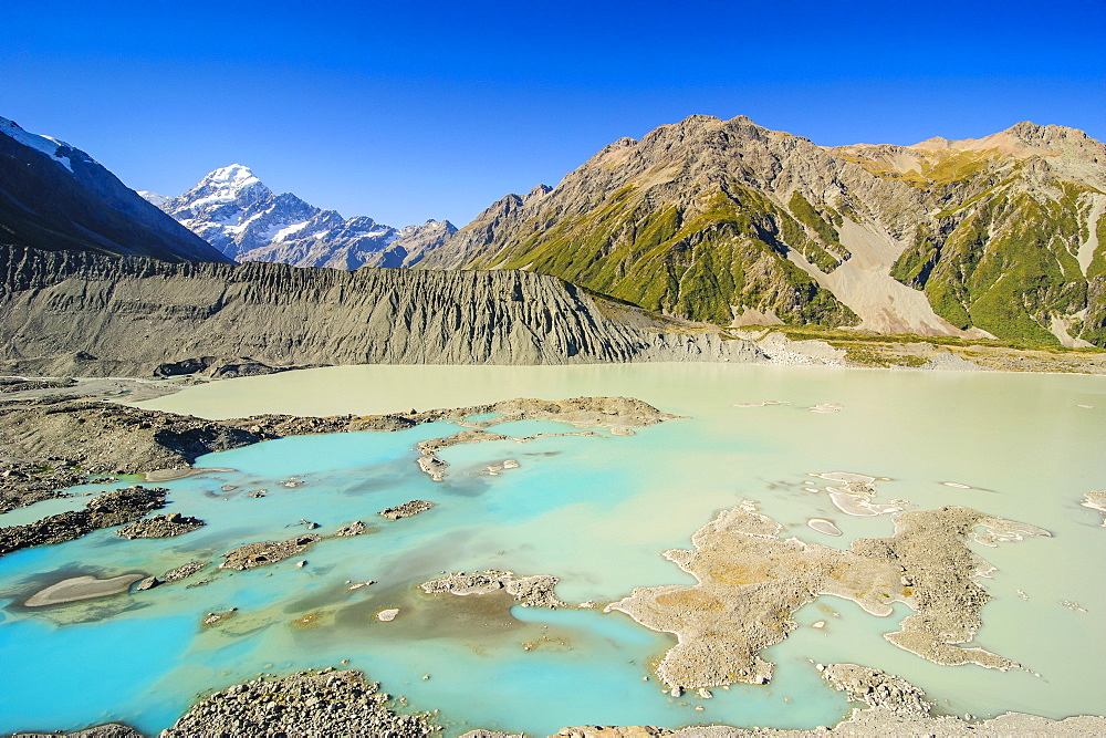 Turquoise glacier lake in front of Mount Cook, UNESCO World Heritage Site, South Island, New Zealand, Pacific