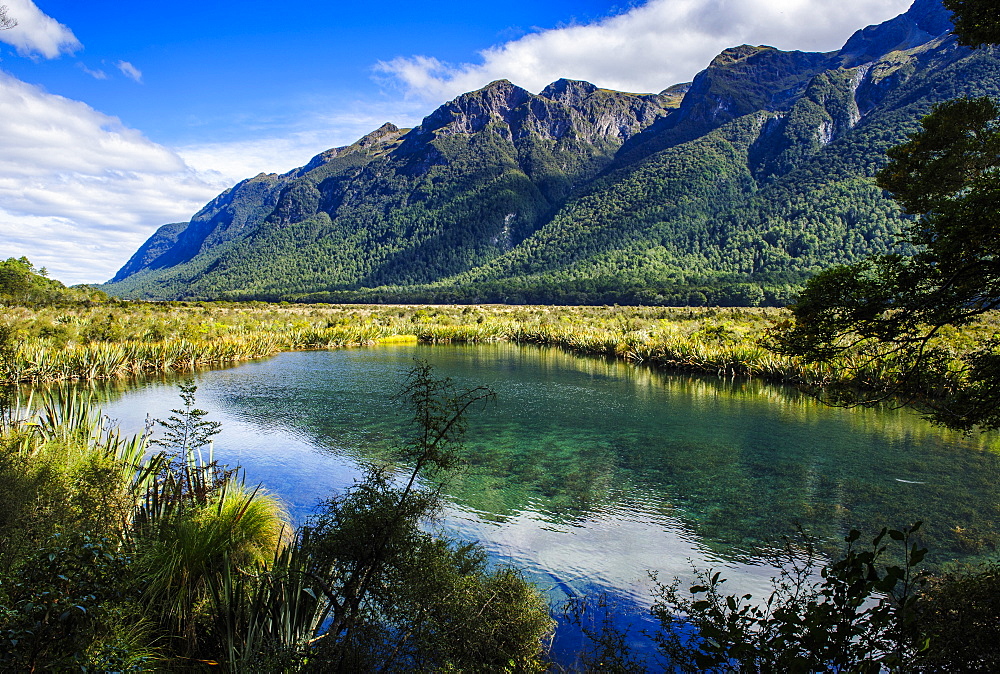 Mountains reflecting in the Mirror Lakes, Eglinton Valley, Fiordland National Park, UNESCO World Heritage Site, South Island, New Zealand, Pacific