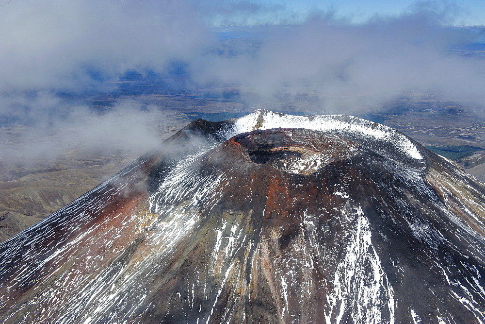 Aerial of the crater of Mount Ngauruhoe, Tongariro National Park, UNESCO World Heritage Site, North Island, New Zealand, Pacific