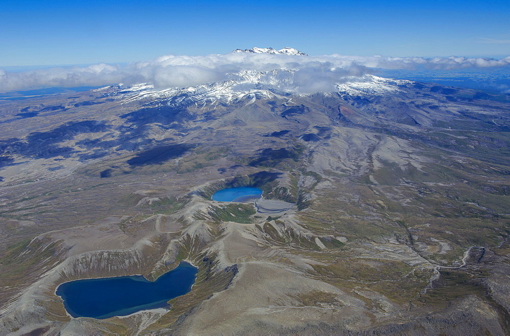 Aerial of the colourful Tama Lakes in the Tongariro National Park, UNESCO World Heritage Site, North Island, New Zealand, Pacific