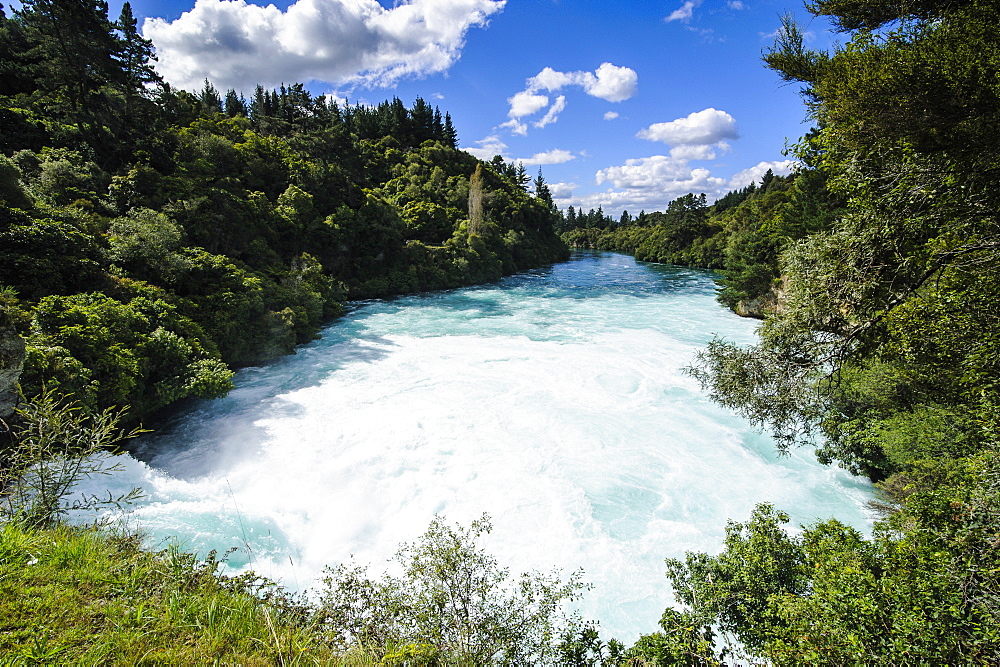 Narrow chasm leading in the Huka falls on the Waikato River, Taupo, North Island, New Zealand, Pacific