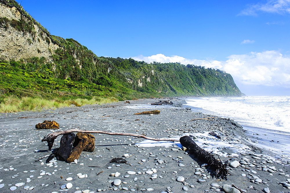 Greyrocky beach in Okarito along the road between Fox Glacier and Greymouth, South Island, New Zealand, Pacific 