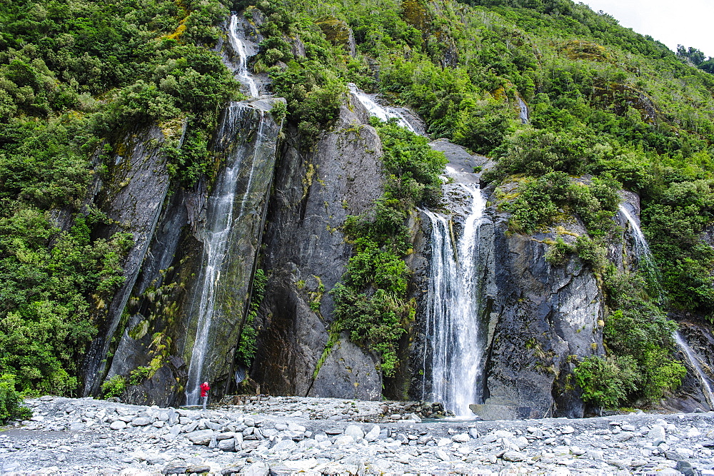 Huge waterfall on the bottom of Franz-Joseph Glacier, Westland Tai Poutini National Park, Southern Alps, UNESCO World Heritage Site, South Island, New Zealand, Pacific 