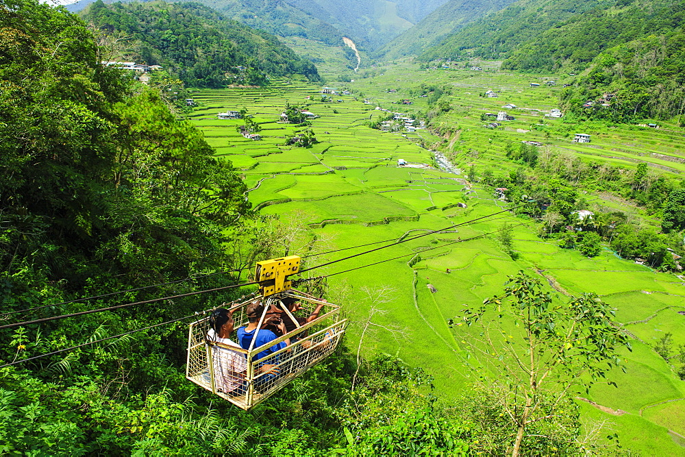 Cargo lift transporting people across the Hapao rice terraces, Banaue, UNESCO World Heritage Site, Luzon, Philippines, Southeast Asia, Asia