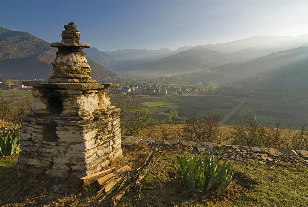 Beautiful Buddhist stupa at sunrise, Paro, Bhutan, Asia