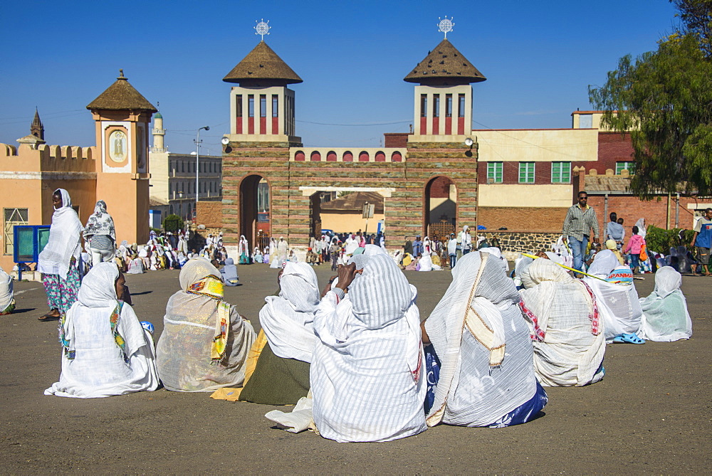 Orthodox women praying at the Easter ceremony, Coptic Cathedral of St. Mariam, Asmara, capital of Eritrea, Africa