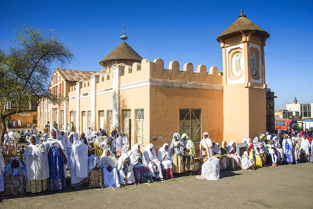 Orthodox women praying at the Easter ceremony, Coptic Cathedral of St. Mariam, Asmara, capital of Eritrea, Africa