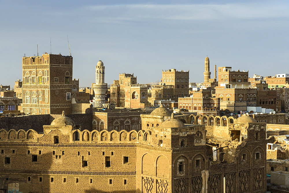 View at sunset over the Old Town, UNESCO World Heritage Site, Sanaa, Yemen, Middle East