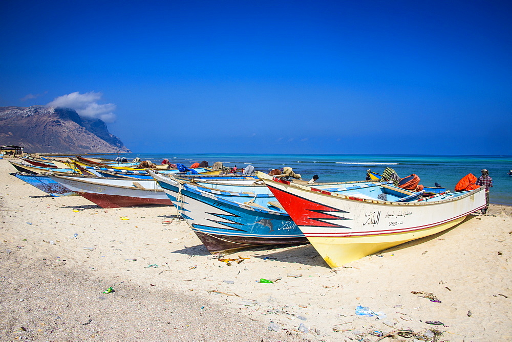 Colourful fishing boats in Qalansia on the west coast of the island of Socotra, UNESCO World Heritage Site, Yemen, Middle East