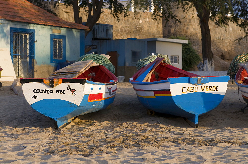 Fishing boats with names, Tarrafal, Santiago, Cape Verde Islands, Africa