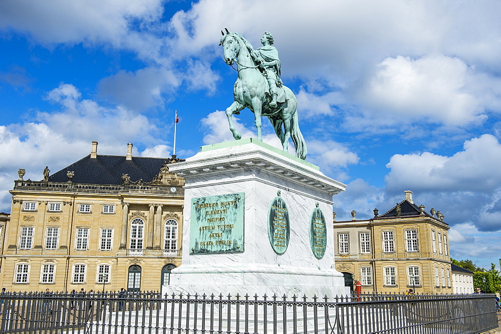 Statue of Frederick V by Jacques Francois Joseph Saly, Amalienborg, winter home of the Danish royal family, Copenhagen, Denmark, Scandinavia, Europe