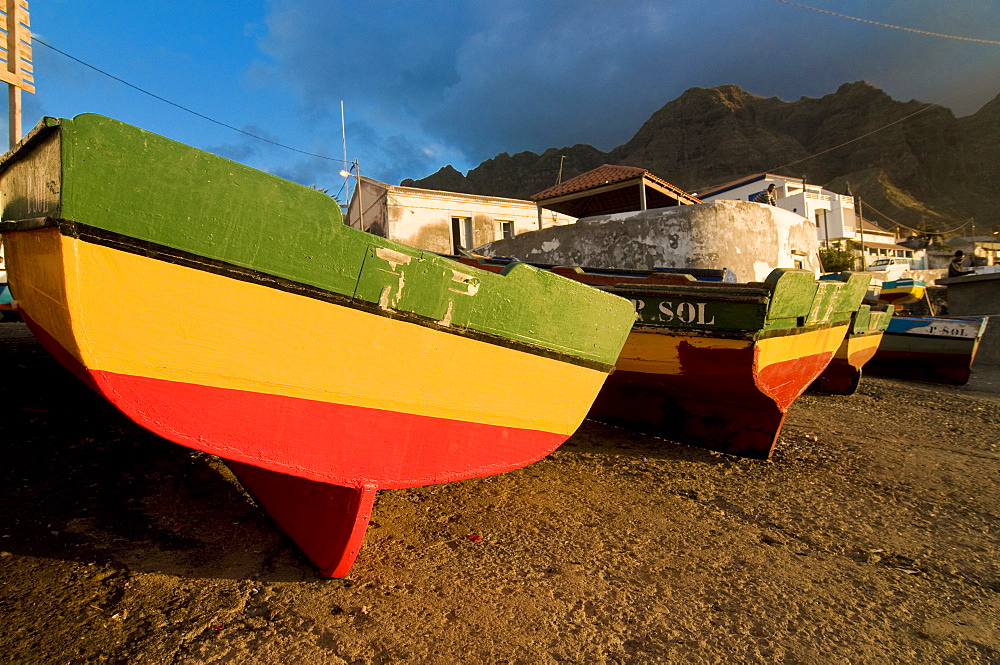 Wooden fishing boats at the beach, Ponta do Sol, San Antao, Cape Verde Islands, Africa