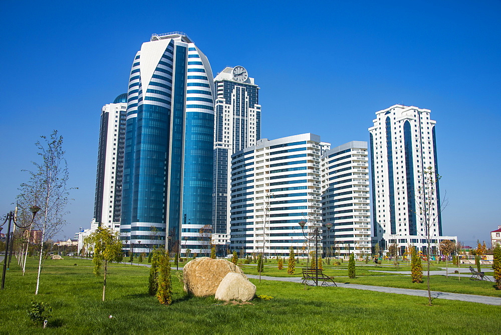 Modern business towers in downtown Grozny, Chechnya, Caucasus, Russia, Europe