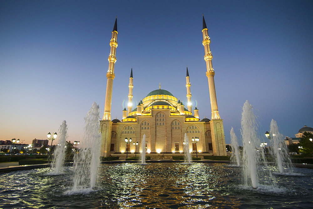 Akhmad Kadyrov Mosque after sunset, Grozny, Chechnya, Caucasus, Russia, Europe