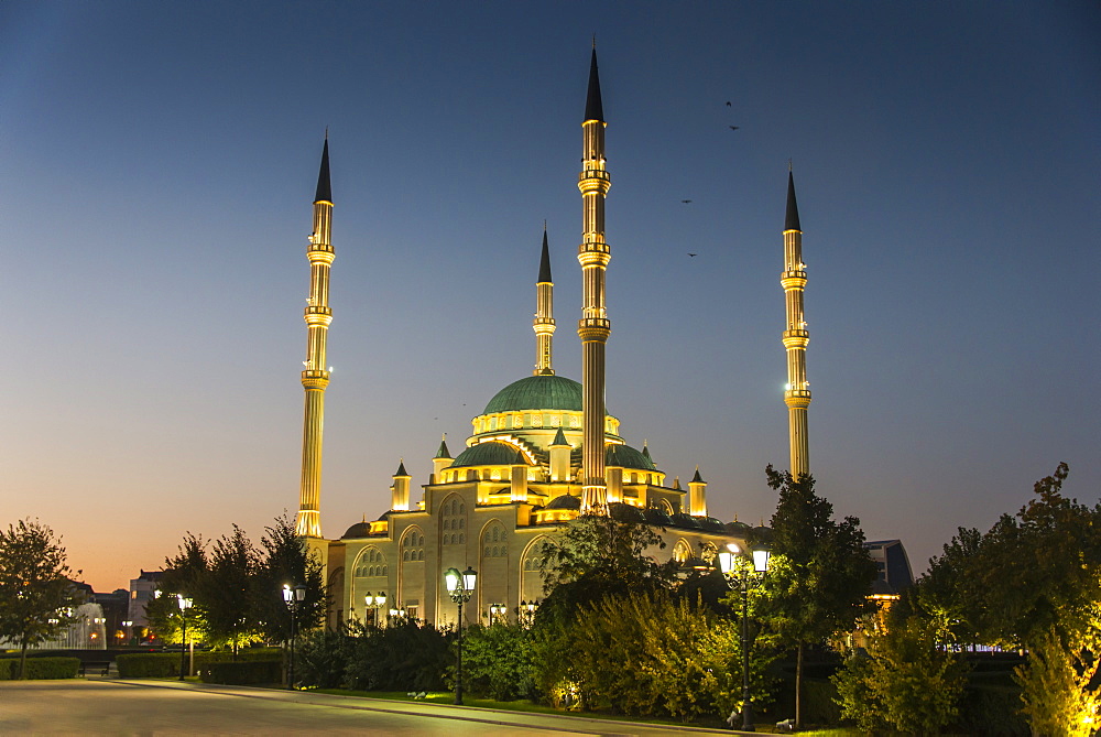 Akhmad Kadyrov Mosque after sunset, Grozny, Chechnya, Caucasus, Russia, Europe