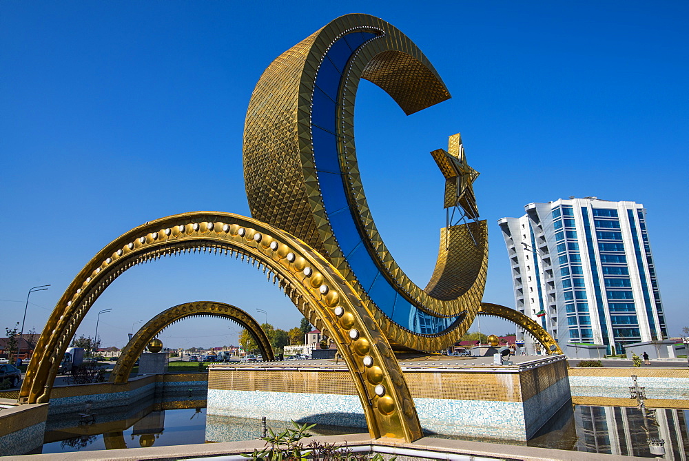 Golden half moon in the center of Argun, Chechnya, Caucasus, Russia, Europe