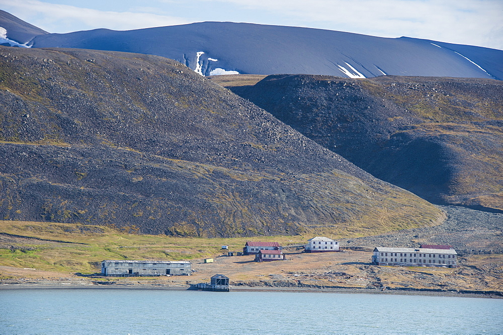 View over the old Russian coalmine in Colesbukta, Svalbard, Arctic, Norway, Scandinavia, Europe