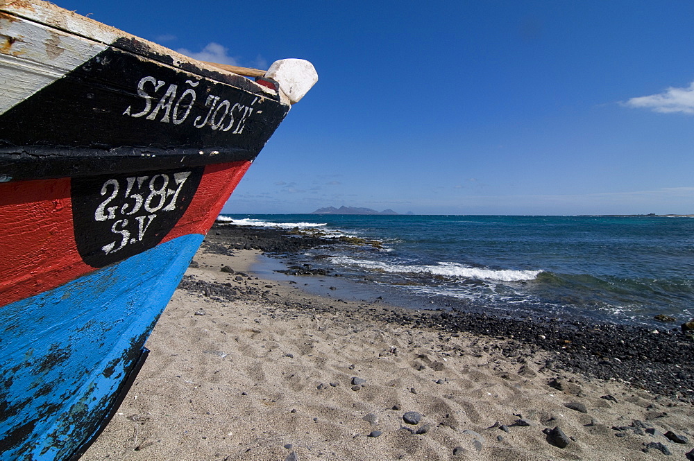 Wooden boat at sandy beach, Sao Vicente, Cape Verde, Atlantic, Africa