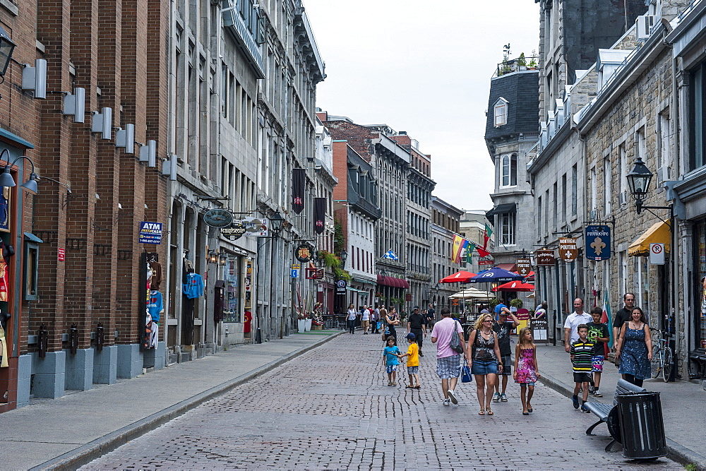 Cobblestone street in the old quarter of Montreal, Quebec, Canada, North America