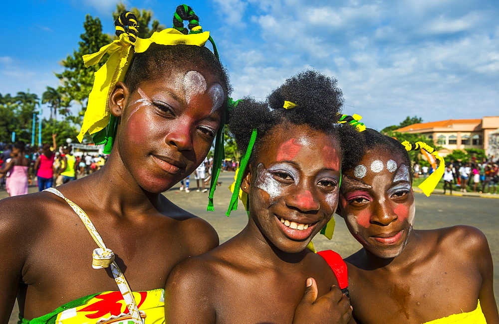 Friendly girls at the Carneval in the town of Sao Tome, Sao Tome and Principe, Atlantic Ocean, Africa