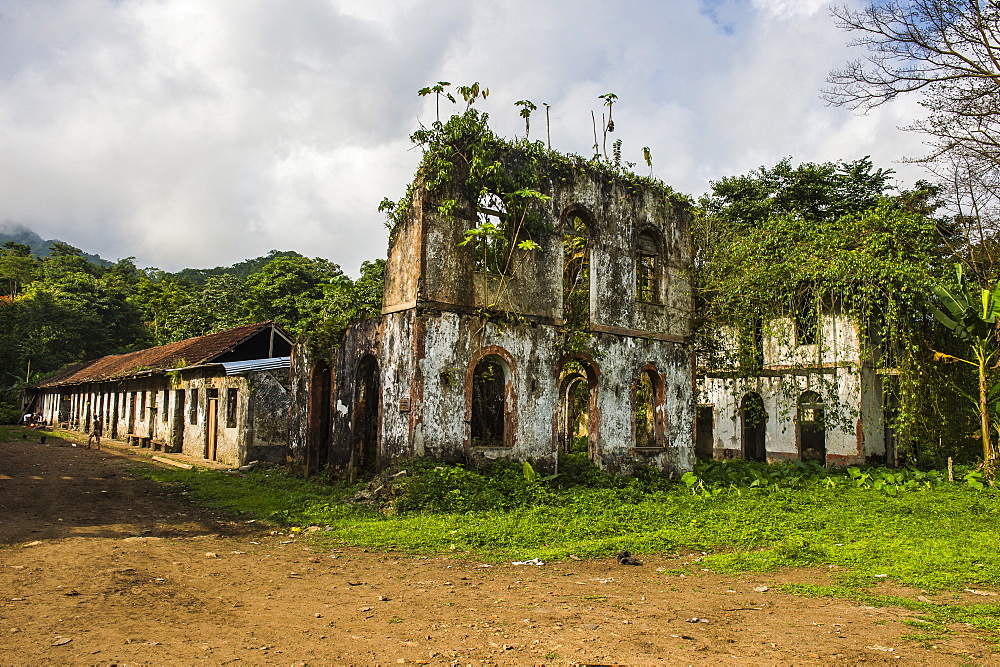 Decaying houses in the old plantation Roca Bombaim in the jungle interior of Sao Tome, Sao Tome and Principe, Atlantic Ocean, Africa