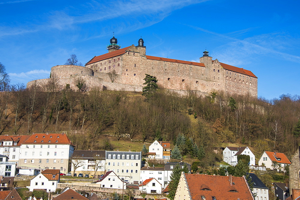 Renaissance castle of Plassenburg with church of St. Petri in the foreground, Kulmbach, Upper Franconia, Bavaria, Germany, Europe