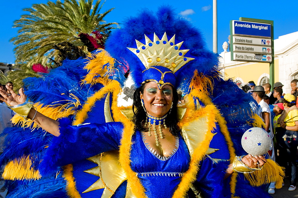 Pretty woman in colourful Carnival costume, Mindelo, Sao Vicente, Cape Verde, Africa