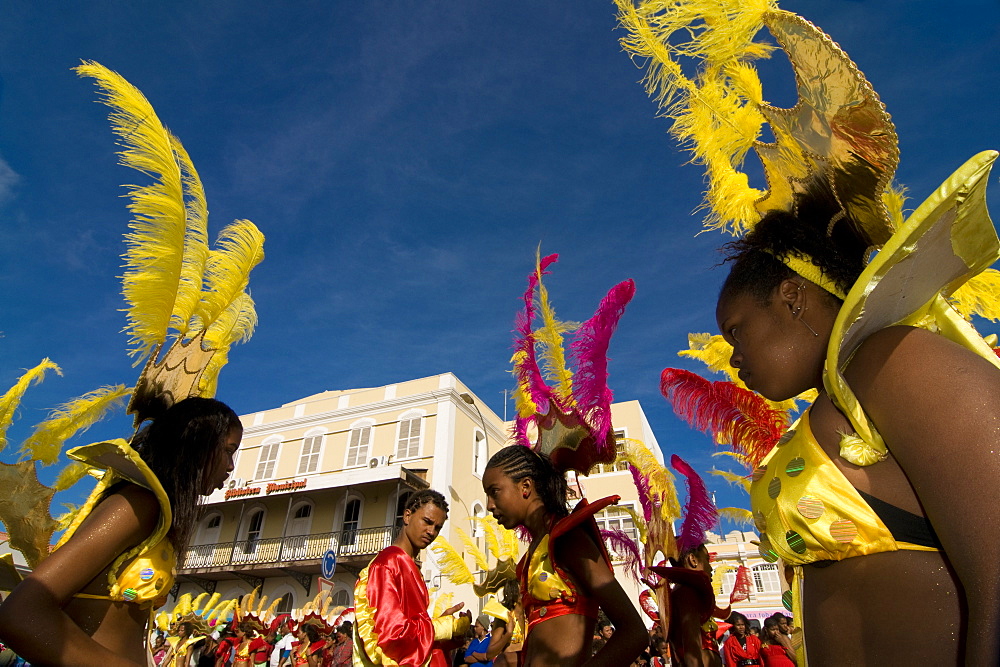 Costumed women dancing, Carnival, Mindelo, Sao Vicente, Cape Verde, Africa