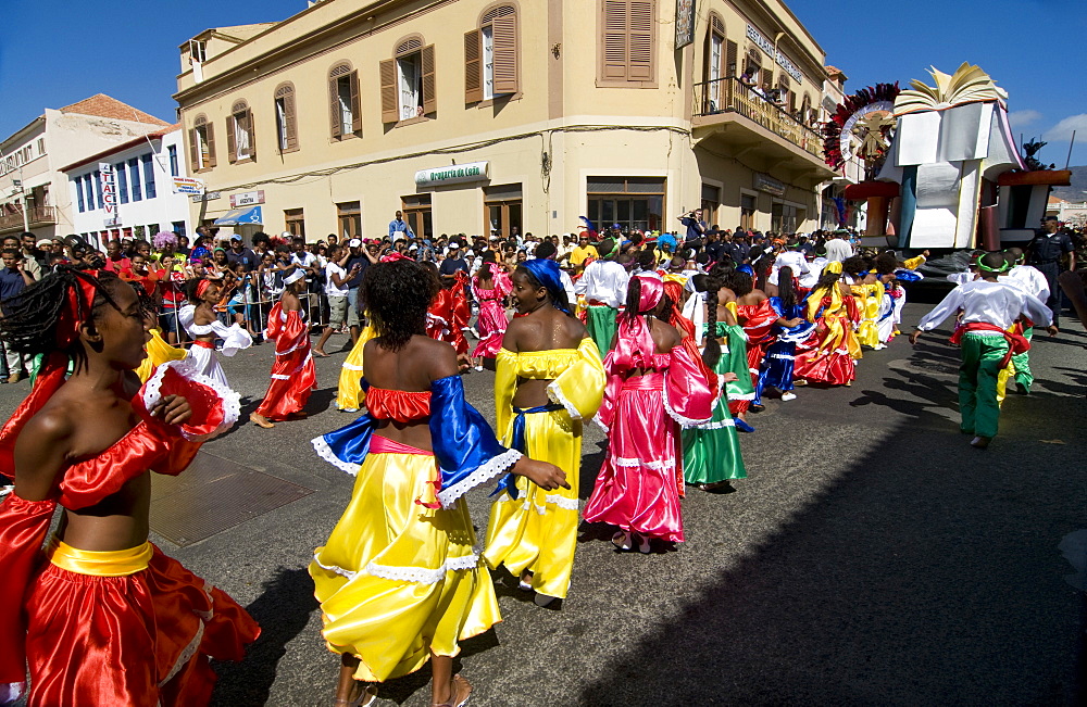 Costumed women dancing, Carnival, Mindelo, Sao Vicente, Cape Verde, Africa