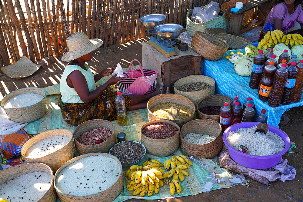 Food stalls in Bekopaka village, Tsingy de Bemaraha National Park, Melaky Region, Western Madagascar, Africa