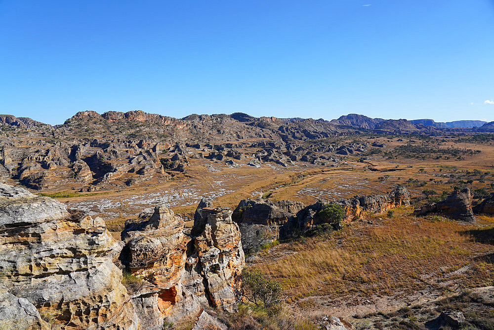 Eroded sandstone rock formations at Isalo National Park, Fianarantsoa province, Ihorombe Region, Southern Madagascar, Africa