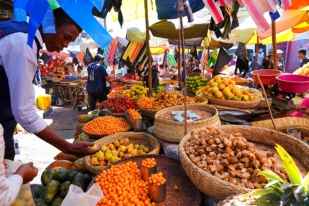 Food market close to Gare Soarano train station, Antananarivo, Madagascar, Africa