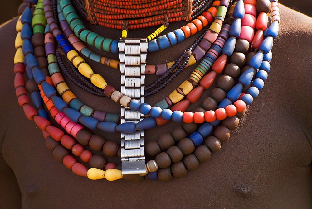 Close-up of bead necklaces of a Hamer woman, Turmi, Omo region, Ethiopia, Africa