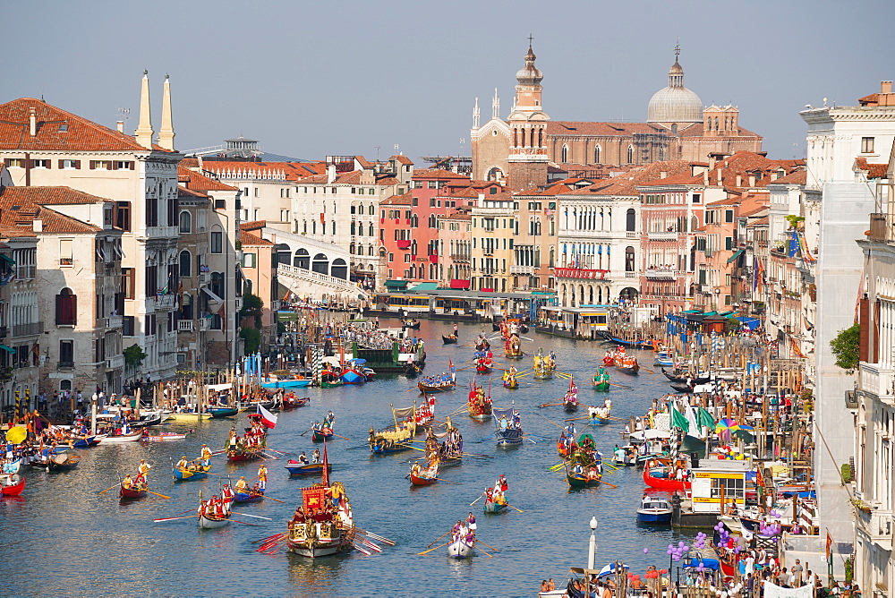 The boats of the historical procession for the historical Regatta on the Grand Canal of Venice, UNESCO World Heritage Site, Veneto, Italy, Europe